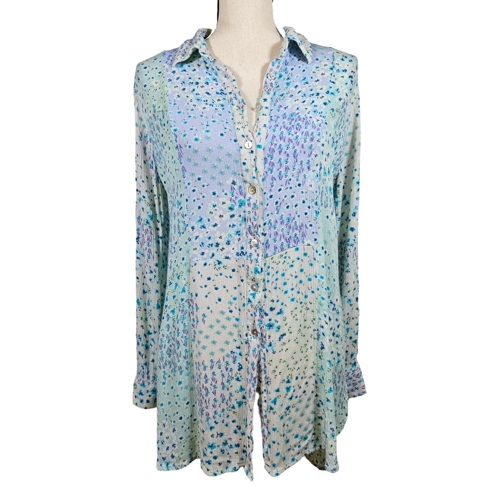 Hope Springs Long Sleeve Floral Patchwork Blouse, Blue/Green, Medium